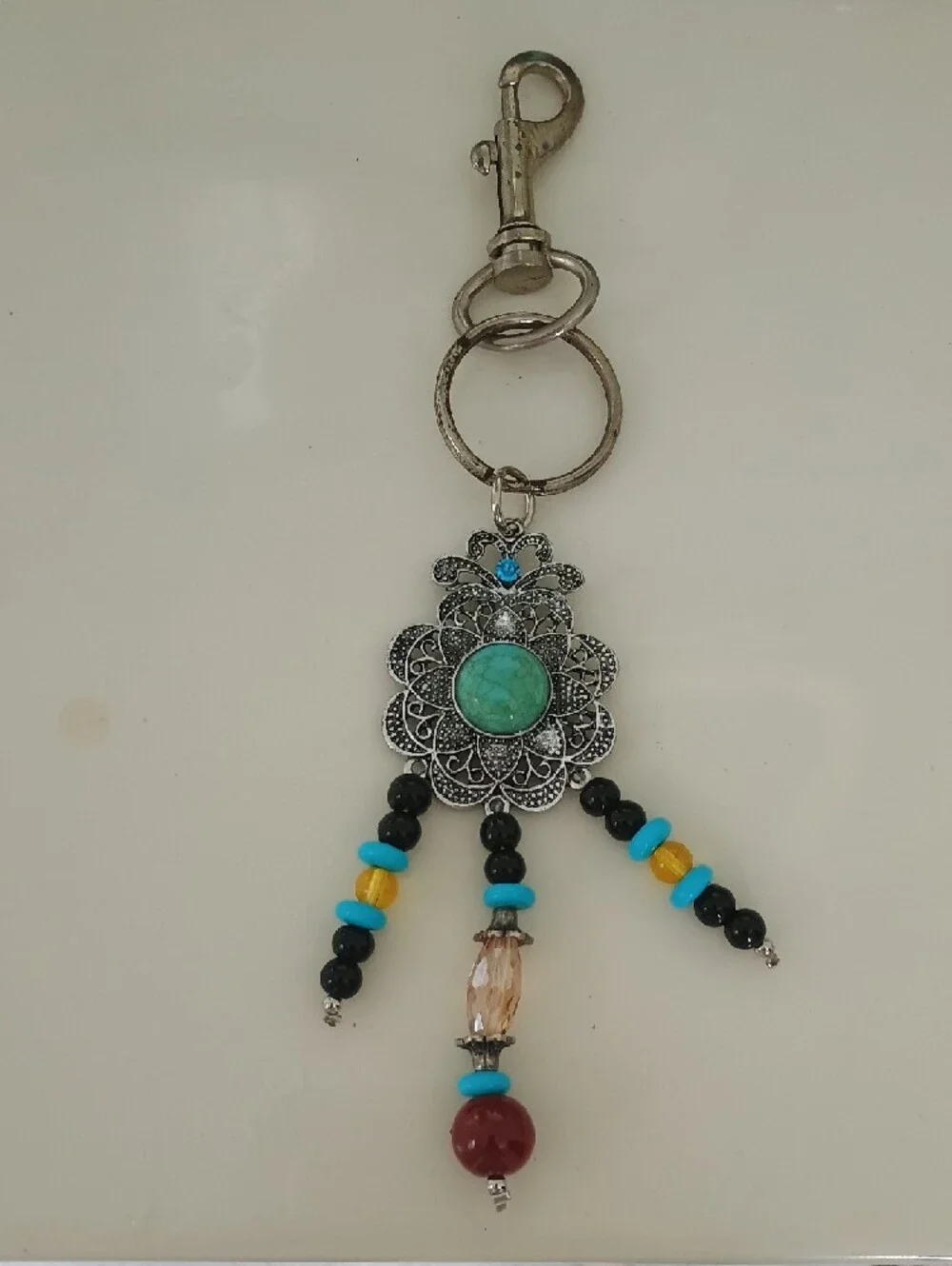 Boho Turquoise & Red Beaded Silver Keychain Charm